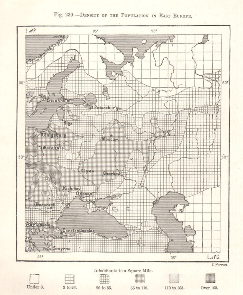 Density of the Population in East Europe. Russia. Sketch map 1885 old